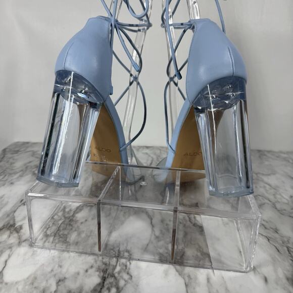 Aldo Onardonia Ankle Wrap Heels Blue Square Toe Clear Heel Glass Slipper Size 10 - Picture 4 of 13